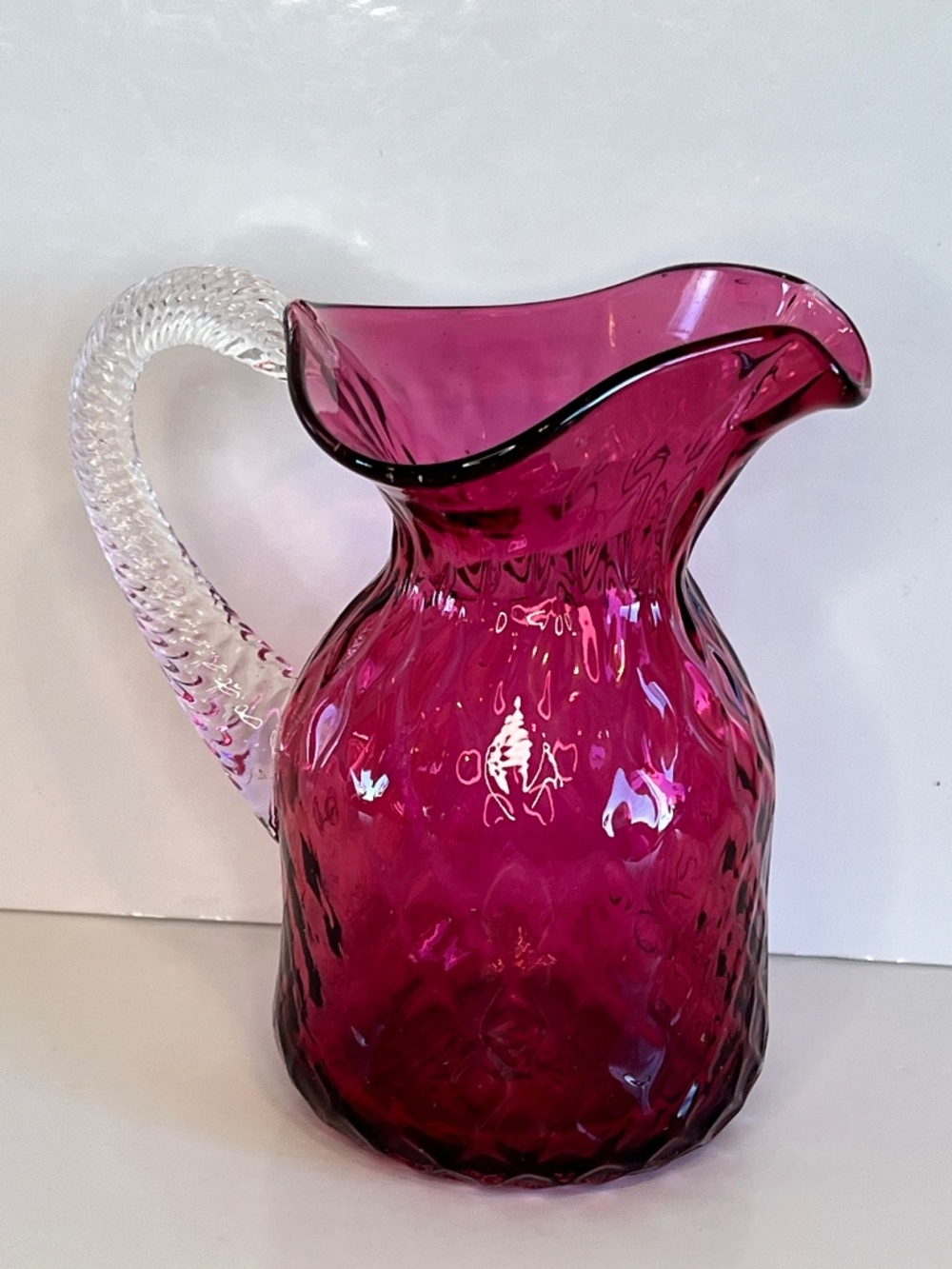 Vintage Cranberry Glass Pitcher Optic Swirl Clear Handle